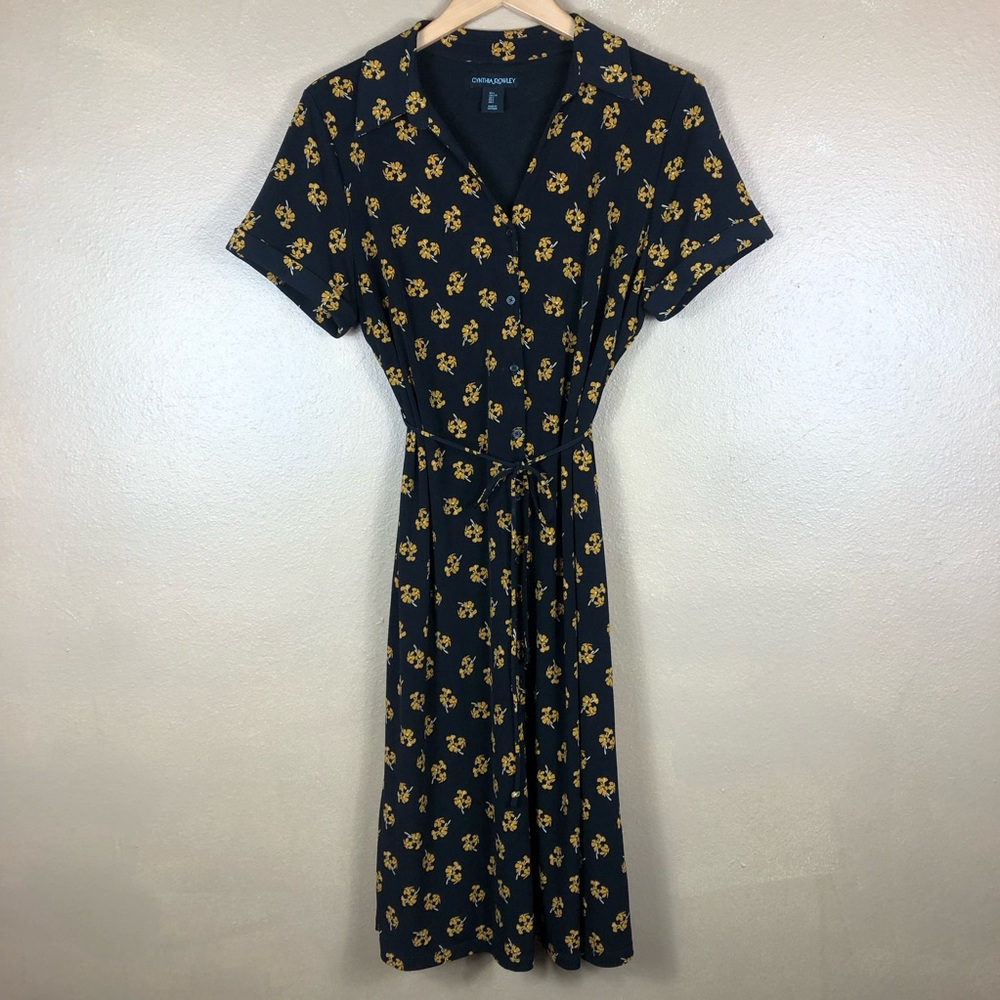 Cynthia Rowley Ditsy Button Down Shirt Dress | Black Gold Floral | Size Large